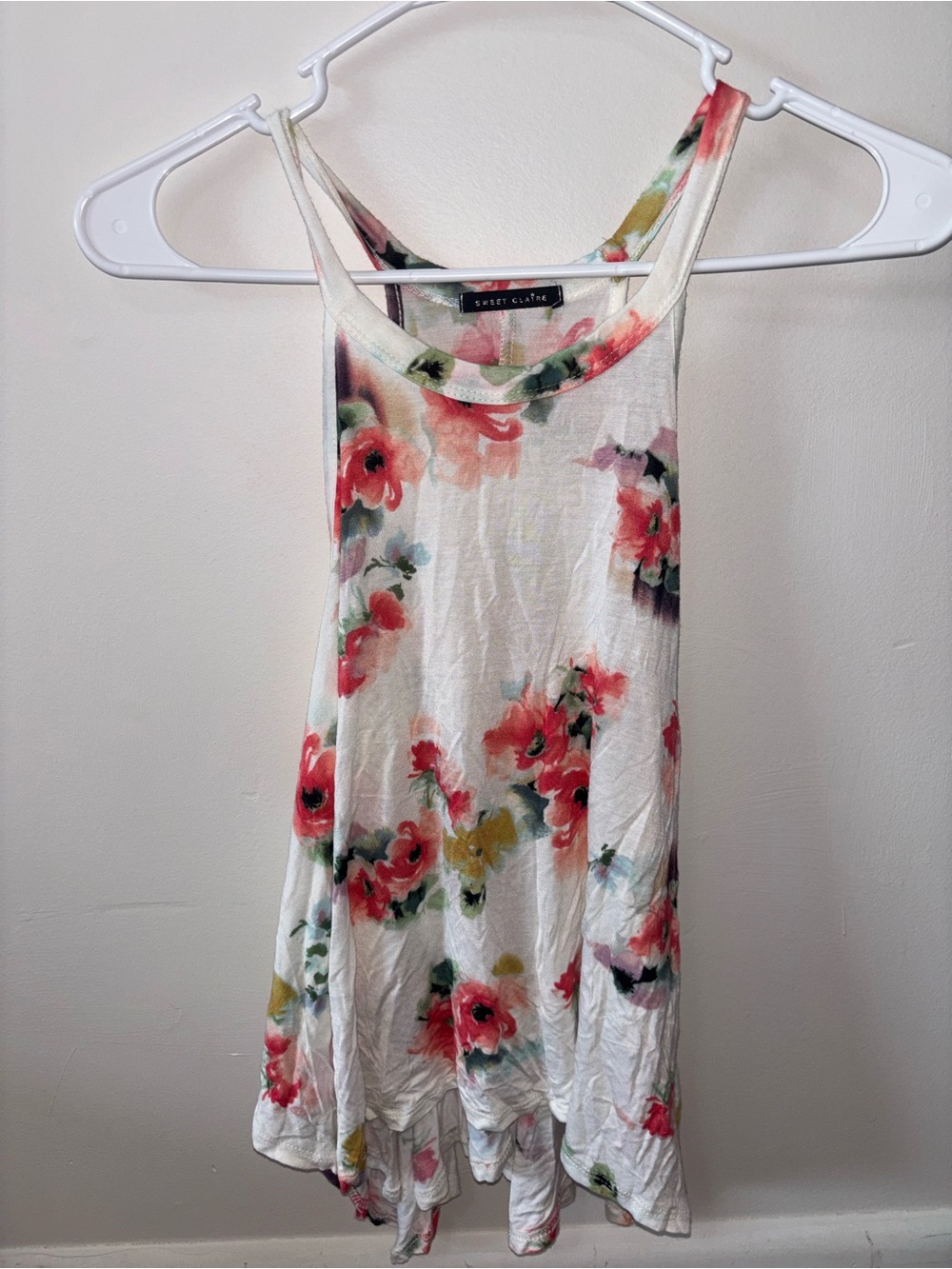 Sweet Claire Cream Floral Handkerchief Hem Tank with Pink & Green Accents